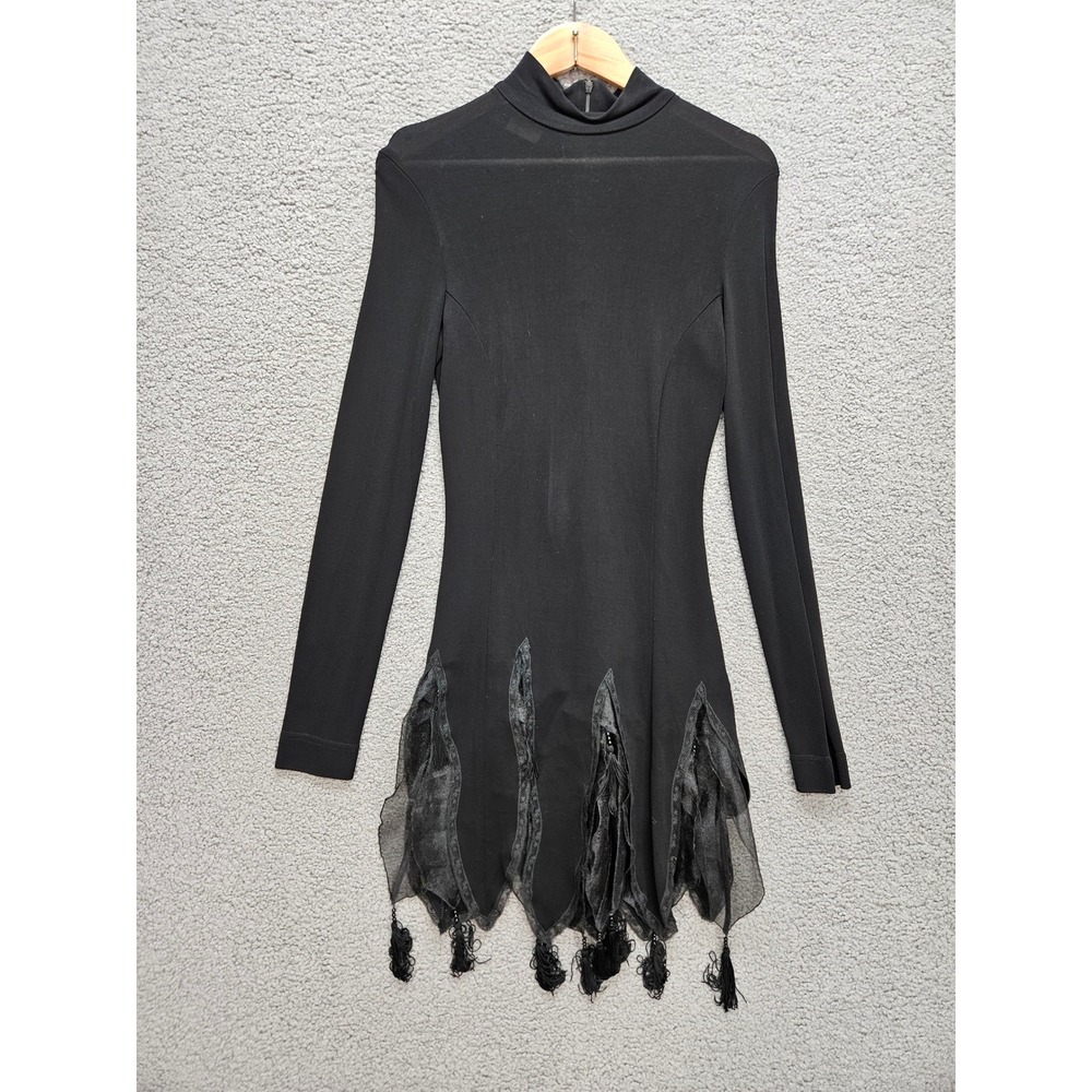 Byblos Mock Neck Tassel Dress 44 Black Goth Fairycore Whimsigoth Witchy